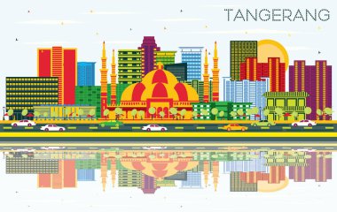 Tangerang Endonezya City Skyline Renkli Binalar, Mavi Gök ve Yansımalar. Vektör İllüstrasyonu. Modern Mimariyle İş Seyahatleri ve Turizm Konsepti. Tarihi Simgeli Tangerang Şehri.