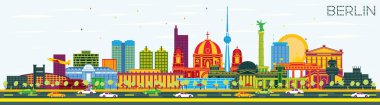 Berlin Almanya Renkli Binalar ve Mavi Gökyüzü ile Skyline. Vektör İllüstrasyonu. Tarihi Mimariyle İş Seyahati ve Turizm Konsepti. Tarihi Simgelerle Berlin Şehri.