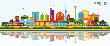 Berlin Almanya Renkli Binalar, Mavi Gökyüzü ve Yansımaları ile Skyline Şehri. Vektör İllüstrasyonu. Tarihi Mimariyle İş Seyahati ve Turizm Konsepti. Tarihi Simgelerle Berlin Şehri.