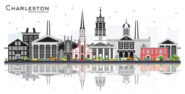 Charleston South Carolina City Skyline, Renkli Binalar Beyaz 'da izole edilmiş. Vektör İllüstrasyonu. Tarihi Mimariyle İş Seyahati ve Turizm İllüstrasyonu. Charleston ABD Tarihi Simgeli Şehir.