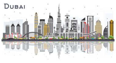 Dubai UAE City Skyline ve Beyaz Arkaplan 'da izole edilmiş Renkli Binalar. Vektör İllüstrasyonu. Modern Mimariyle İş Seyahati ve Turizm İllüstrasyonu. Tarihi Simgelerle Dubai Şehir Manzarası.