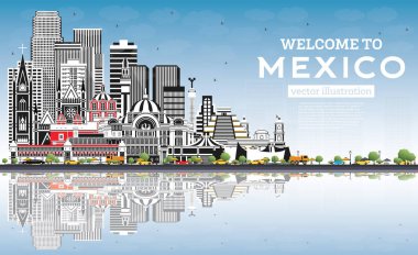 Gri Binalar, Mavi Gökyüzü ve Yansımaları ile Mexico City Skyline 'a hoş geldiniz. Vektör İllüstrasyonu. Tarihsel Mimarlık. Meksiko Şehri 'nin simgeleri. Puebla. Meksika mı? Tijuana. Guadalajara.