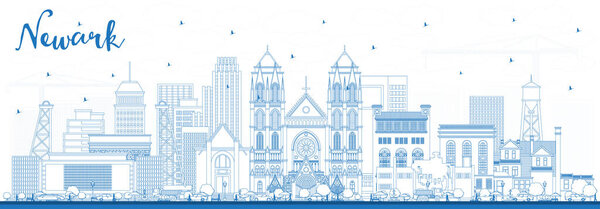 Outline Newark New Jersey City Skyline with Blue Buildings. Vector Illustration. Newark Cityscape with Landmarks. Business Travel and Tourism Concept with Modern Architecture.