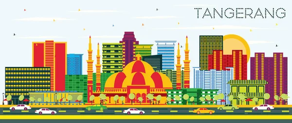 Tangerang Indonesia City Skyline Mit Farbigen Gebäuden Und Blauem Himmel — Stockvektor