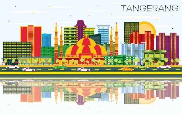 Tangerang Indonesia City Skyline Con Edificios Color Cielo Azul Reflexiones — Vector de stock