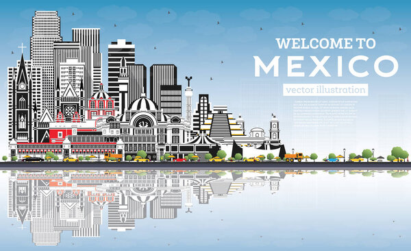 Welcome to Mexico City Skyline with Gray Buildings, Blue Sky and Reflections. Vector Illustration. Historic Architecture. Mexico Cityscape with Landmarks. Puebla. Mexico. Tijuana. Guadalajara.