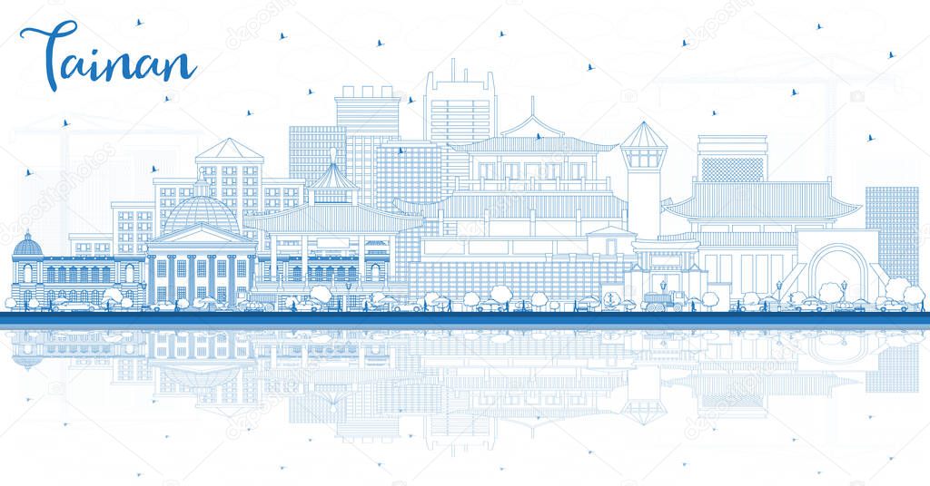 Outline Tainan Taiwan City Skyline with Blue Buildings and Reflections. Vector Illustration. Business Travel and Tourism Concept with Historic Architecture. Tainan Cityscape with Landmarks.