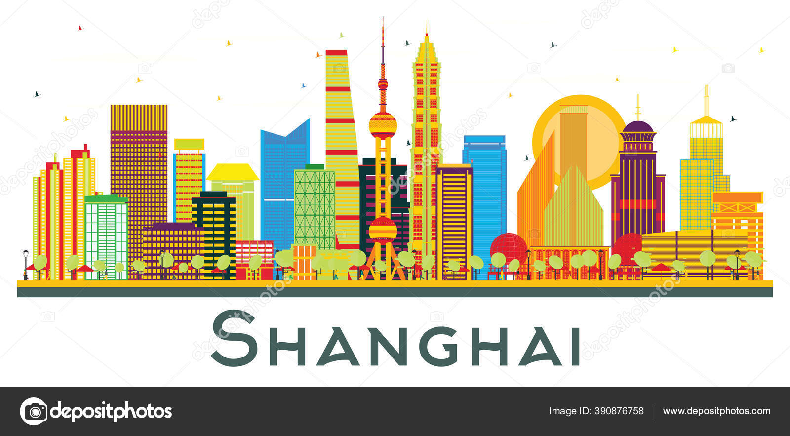 Shanghai China City Skyline Color Buildings Isolated White Vector