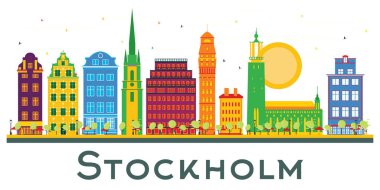 Stockholm City Skyline 'ı ve Beyaz Renkli Binalar. Vektör İllüstrasyonu. Tarihi Mimariyle İş Seyahati ve Turizm Konsepti. Stockholm Kent Simgeleriyle.