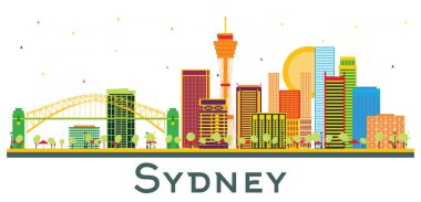 Sydney Australia City Skyline ve Renkli Binalar beyazlar üzerinde izole edilmiş. Vektör İllüstrasyonu. Tarihi Mimariyle İş Seyahati ve Turizm Konsepti. Simgeli Sydney Şehir Manzarası.