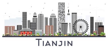 Tianjin China City Skyline ve White 'da izole edilmiş Renk Binaları. Vektör İllüstrasyonu. Tarihi ve Modern Mimariyle İş Seyahat ve Turizm Konsepti. Tarihi Simgeli Tianjin Şehir Manzarası.