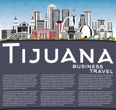 Renkli binaları, mavi gökyüzü ve kopyalama uzayı olan Tijuana Mexico City Skyline. Vektör İllüstrasyonu. Tarihi ve Modern Mimariyle Turizm Konsepti. Tijuana Şehri.