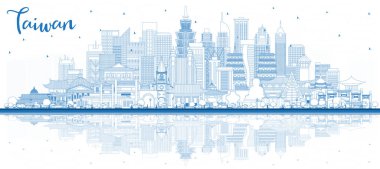 Mavi Binalar ve Yansımalarla Tayvan Şehri Skyline 'ı özetle. Vektör İllüstrasyonu. Tarihi Mimariyle Turizm Konsepti. Tarihi işaretli Tayvan şehri manzarası. Taipei 'de. Kaohsiung. Taichung. Tainan..