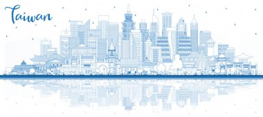 Outline Taiwan City Skyline with Blue Buildings and Reflections. Vector Illustration. Tourism Concept with Historic Architecture. Taiwan Cityscape with Landmarks. Taipei. Kaohsiung. Taichung. Tainan. clipart