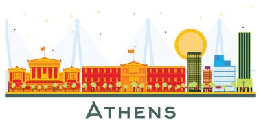 Atina City Skyline 'da Beyaz Renkli Binalar izole edildi. Vektör İllüstrasyonu. Tarihi Mimariyle İş Seyahati ve Turizm Konsepti. Tarihi Simgelerle Atina Şehir Manzarası.