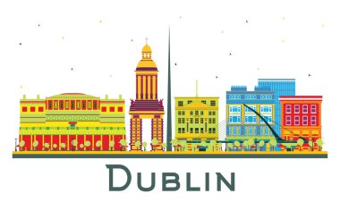 Dublin İrlanda Şehri Skyline 'ı ve Beyaz Renkli Binalar. Vektör İllüstrasyonu. Tarihi Mimariyle İş Seyahati ve Turizm Konsepti. Tarihi Simgeleri olan Dublin Şehri.