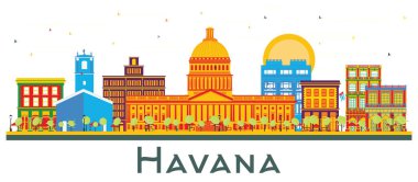 Havana Küba Şehri Skyline 'ı ve Beyaz Renkli Binalar. Vektör İllüstrasyonu. Tarihi Mimariyle İş Seyahati ve Turizm Konsepti. Tarihi Simgelerle Havana Şehir Manzarası.