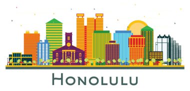 Honolulu Havai Şehri Skyline 'ı ve beyaza izole edilmiş renkli binalar. Vektör İllüstrasyonu. Tarihi Mimariyle İş Seyahati ve Turizm Konsepti. Kentin simgeleriyle Honolulu ABD Kenti.