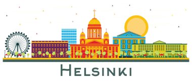 Helsinki Finlandiya City Skyline ve beyaz renkli binalar. Vektör İllüstrasyonu. Tarihi Mimariyle İş Seyahati ve Turizm Konsepti. Simgeli Helsinki Şehir Manzarası.
