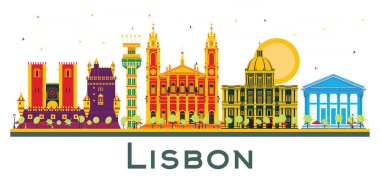 Lizbon Portekiz Şehri Skyline 'ı ve Beyaz Renk Binaları izole edildi. Vektör İllüstrasyonu. Tarihi Mimariyle İş Seyahati ve Turizm Konsepti. Tarihi Yer İmlerine sahip Lizbon Şehri.