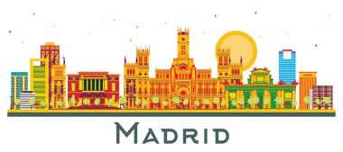 Madrid İspanya Şehri Skyline 'ı ve Beyaz Renk Binaları izole edildi. Vektör İllüstrasyonu. Tarihi Mimariyle İş Seyahati ve Turizm Konsepti. Madrid Şehir Manzarası Simgeleri.