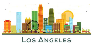 Los Angeles California City Skyline 'ı. Renkli binalar beyaza izole edilmiş. Vektör İllüstrasyonu. Tarihi Mimariyle İş Seyahati ve Turizm Konsepti. Los Angeles ABD Şehir Simgeleriyle.