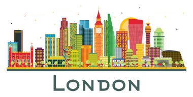 London England City Skyline ve White 'da izole edilmiş Renk Binaları. Vektör İllüstrasyonu. Tarihi Mimariyle İş Seyahati ve Turizm Konsepti. Tarihi Simgelerle Londra Şehri.