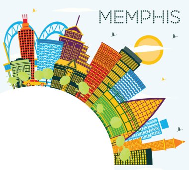 Memphis Tennessee City Skyline, Renkli Binalar, Mavi Gökyüzü ve Kopya Uzay. Vektör İllüstrasyonu. Tarihi Mimariyle Seyahat ve Turizm Konsepti. Tarihi Simgelerle Memphis ABD Şehri.