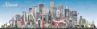 Mexico (Ülke) Gray Buildings ve Blue Sky ile City Skyline. Vektör İllüstrasyonu. Tarih Mimarisi kavramı. Meksiko Şehri 'nin simgeleri. Puebla. Meksika mı? Tijuana. Guadalajara.