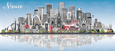 Gri Binalar, Mavi Gökyüzü ve Yansımaları ile Mexico (Ülke) City Skyline. Vektör İllüstrasyonu. Tarihsel Mimarlık. Meksiko Şehri 'nin simgeleri. Puebla. Meksika mı? Tijuana. Guadalajara.