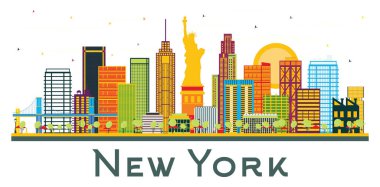 New York USA City Skyline, Renkli Binalar Beyazlar 'da izole edilmiş. Vektör İllüstrasyonu. Tarihi Mimariyle İş Seyahati ve Turizm Konsepti. Tarihi Simgelerle New York Şehri.