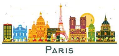 Paris France City Skyline Renkli Binaları beyaza izole edilmiş. Vektör İllüstrasyonu. Tarihi Mimariyle İş Seyahati ve Turizm Konsepti. Tarihi Simgelerle Paris Şehri.