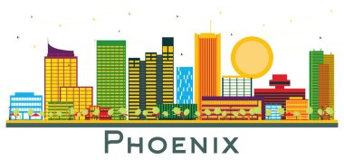 Phoenix Arizona City Skyline Renkli Binaları beyaza izole edilmiş. Vektör İllüstrasyonu. Tarihi Mimariyle İş Seyahati ve Turizm Konsepti. Tarihi Simgelerle Phoenix ABD Şehri.