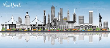 Renkli Binalar, Mavi Gökyüzü ve Yansımaları ile New York USA City Skyline. Vektör İllüstrasyonu. Şehir simgeleriyle dolu New York şehri. Modern Mimariyle İş Seyahati ve Turizm Konsepti.
