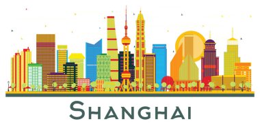 Shanghai China City Skyline ve White 'da izole edilmiş renkli binalar. Vektör İllüstrasyonu. Tarihi Mimariyle İş Seyahati ve Turizm Konsepti. Tarihi Simgelerle Şangay Şehir Manzarası.