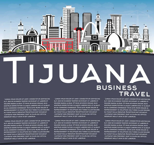 Renkli binaları, mavi gökyüzü ve kopyalama uzayı olan Tijuana Mexico City Skyline. Vektör İllüstrasyonu. Tarihi ve Modern Mimariyle Turizm Konsepti. Tijuana Şehri.