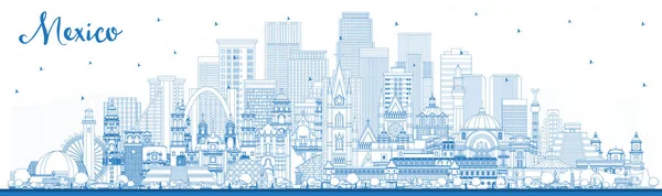 Outline Mexico Country City Skyline Blue Buildings Vector Illustration Concept — Stock Vector