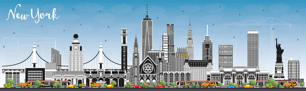 New York USA City Skyline with Color Buildings and Blue Sky. Vector Illustration. New York Cityscape with Landmarks. Business Travel and Tourism Concept with Modern Architecture.