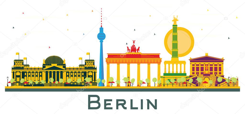 Berlin Germany City Skyline with Color Buildings Isolated on White. Vector Illustration. Business Travel and Tourism Concept with Historic Architecture. Berlin Cityscape with Landmarks.