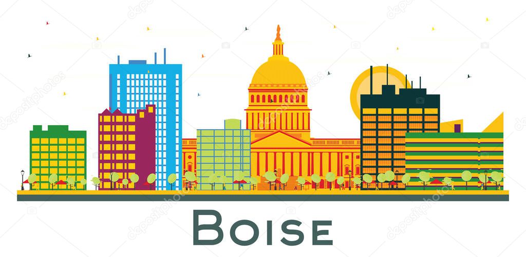 Boise Idaho City Skyline with Color Buildings Isolated on White. Vector Illustration. Business Travel and Tourism Concept with Modern Architecture. Boise USA Cityscape with Landmarks.