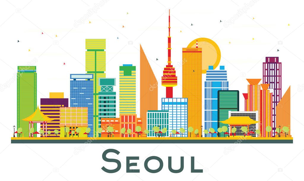 Seoul South Korea City Skyline with Color Buildings Isolated on White. Vector Illustration. Business Travel and Tourism Concept with Historic Architecture. Seoul Cityscape with Landmarks.