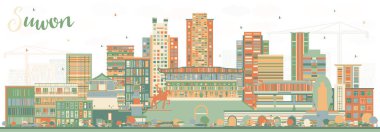 Suwon Güney Kore City Skyline ve Color Buildings. Vektör İllüstrasyonu. Tarihi ve Modern Mimariyle İş Seyahat ve Turizm Konsepti. Simgeli Suwon Şehir Manzarası.