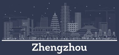 Zhengzhou 'nun ana hatlarıyla Çin Şehri Beyaz Binalar' ın silueti. Vektör İllüstrasyonu. Tarihi Mimariyle İş Seyahati ve Kavram. Simgeli Zhengzhou Şehir Manzarası.