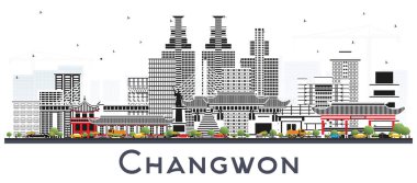 Changwon Güney Kore Şehri Skyline ve Renk Binaları beyaza izole edildi. Vektör İllüstrasyonu. Tarihi ve Modern Mimariyle İş Seyahat ve Turizm Konsepti. Tarihi Simgeli Changwon Şehir Manzarası.