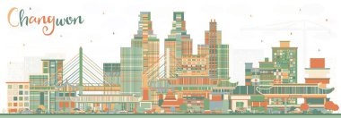 Changwon Güney Kore City Skyline 'ı Color Buildings ile kazandı. Vektör İllüstrasyonu. Tarihi ve Modern Mimariyle İş Seyahat ve Turizm Konsepti. Tarihi Simgeli Changwon Şehir Manzarası.