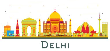 Delhi India City Skyline Renk Binaları beyaza izole edilmiş. Vektör İllüstrasyonu. Tarihi Mimariyle İş Seyahati ve Turizm Konsepti. Tarihi Simgelerle Delhi Şehir Manzarası.