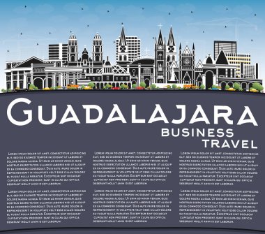 Guadalajara Mexico City Skyline, Renkli Binalar, Mavi Gökyüzü ve Kopya Uzay. Vektör İllüstrasyonu. Tarihi ve Modern Mimariyle Turizm Konsepti. Tarihi İşaretli Guadalajara Şehir Manzarası.