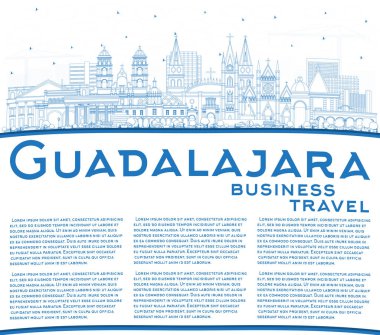 Blue Buildings ve Copy Space ile Guadalajara City Skyline 'ın ana hatları. Vektör İllüstrasyonu. Tarihi ve Modern Mimariyle Turizm Konsepti. Tarihi İşaretli Guadalajara Şehir Manzarası.