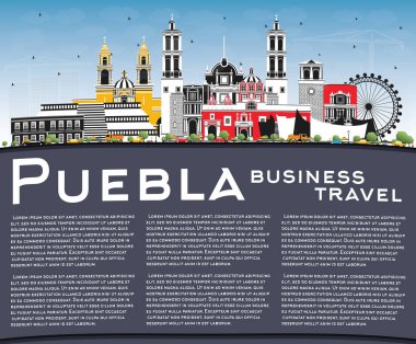 Puebla Mexico City Skyline, Renkli Binalar, Mavi Gökyüzü ve Kopya Uzayı. Vektör İllüstrasyonu. Tarihi ve Modern Mimariyle Turizm Konsepti. Puebla Şehir Manzarası.