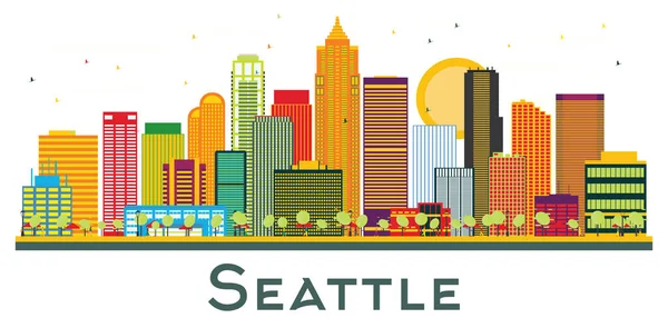 Seattle Washington City Skyline Met Kleurengebouwen Geïsoleerd Wit Vector Illustratie — Stockvector